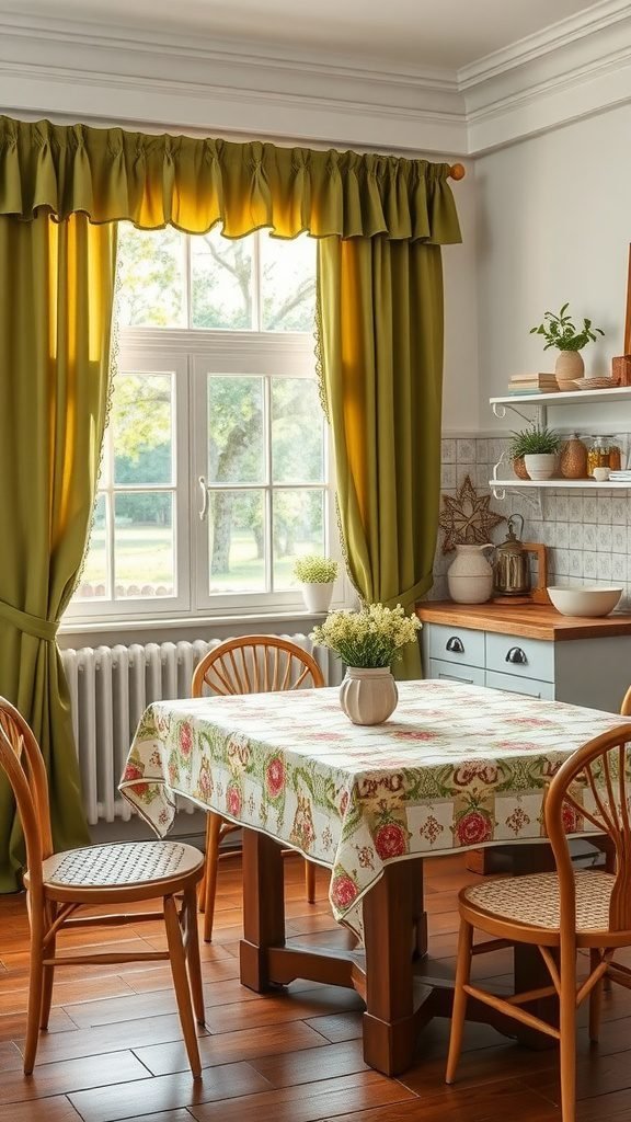 A cozy olive green kitchen with patterned curtains and a floral tablecloth, featuring wooden chairs and a warm ambiance.
