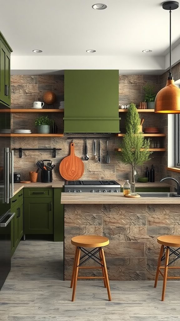 A cozy olive green kitchen with textured stone elements and warm wooden accents.