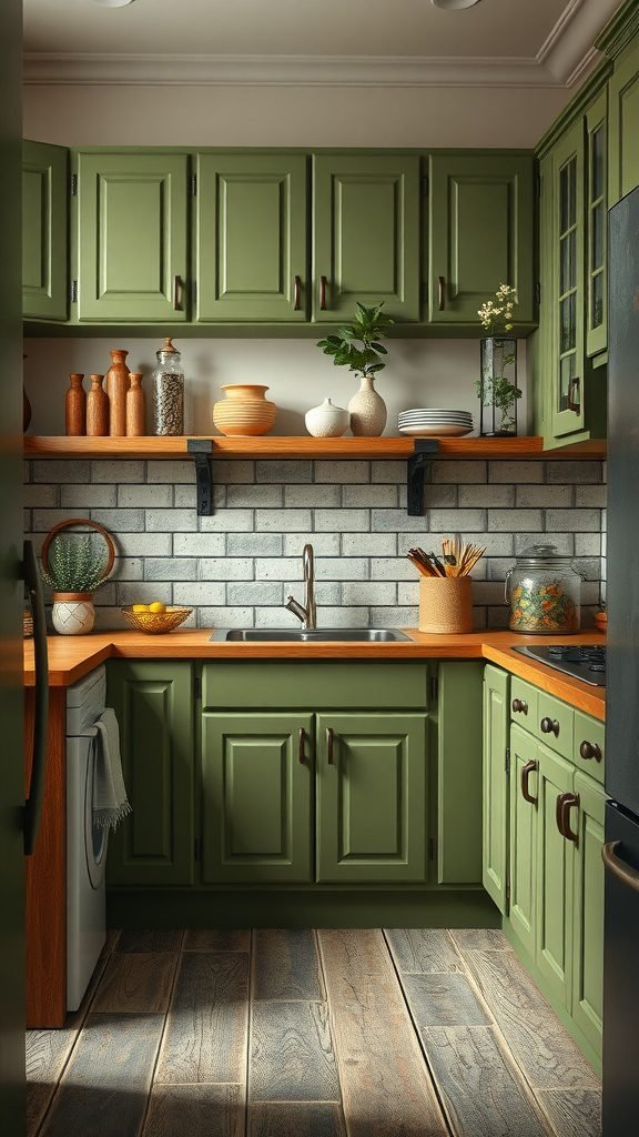 A cozy kitchen featuring olive green cabinets, wooden countertops, and decorative elements.