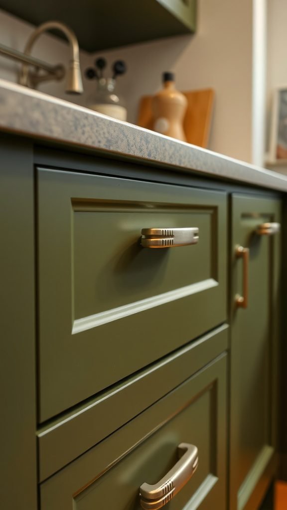 Close-up of olive green kitchen drawer pulls and hardware