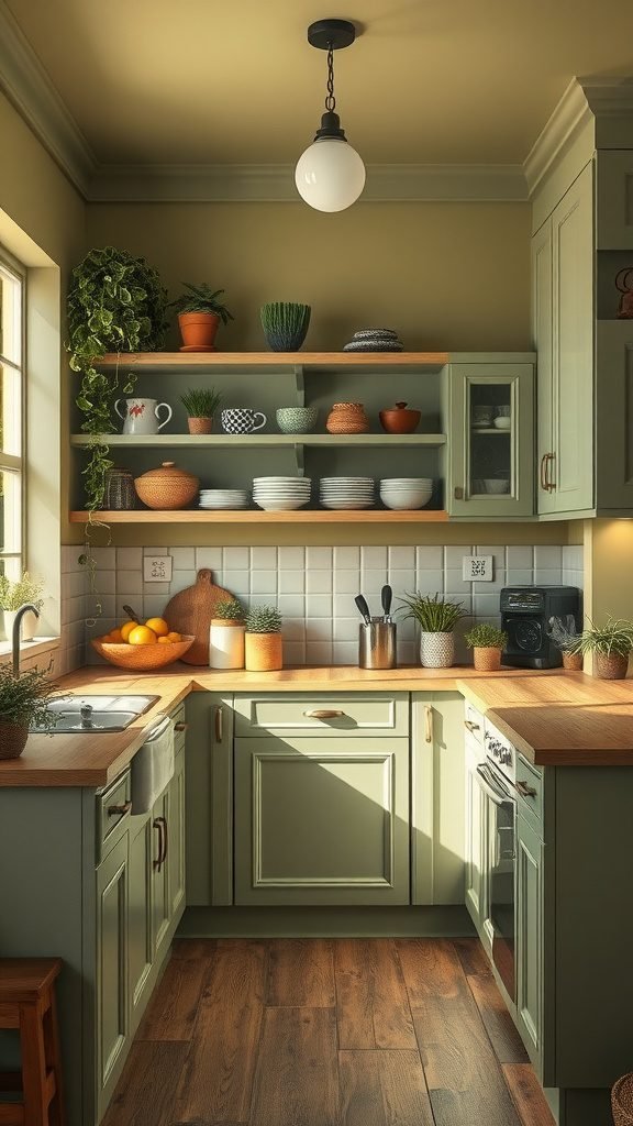 A cozy olive green kitchen with wooden countertops, plants, and colorful dishes.