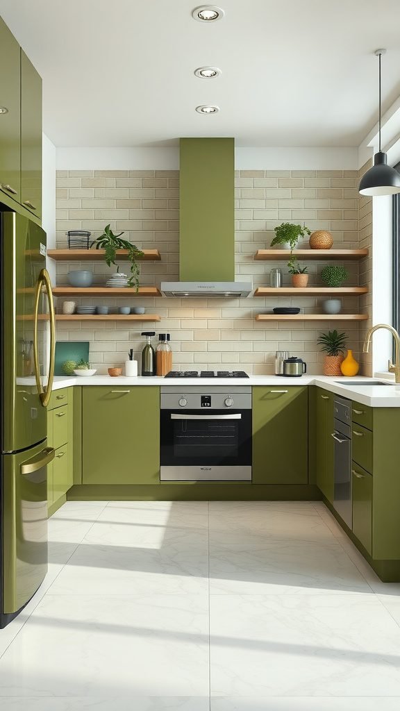 Modern kitchen featuring olive green cabinets, white countertops, and open shelving with plants.