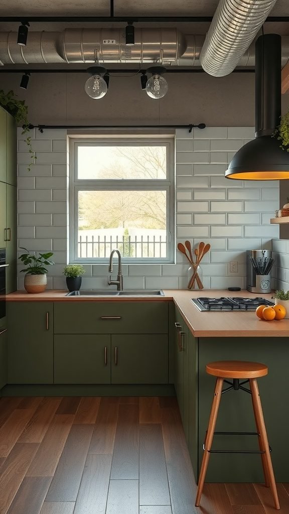 A modern olive green kitchen with wooden accents, featuring a sink, stove, and plants.