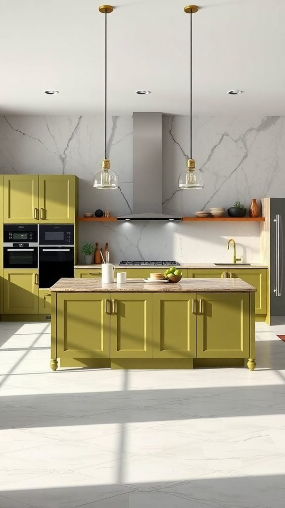An olive green kitchen featuring a central island with gold accents and a bright, airy layout.