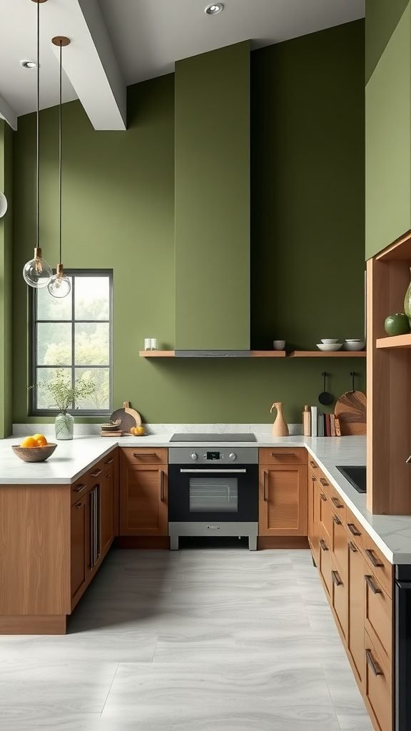 Modern kitchen with olive green walls and wooden cabinets