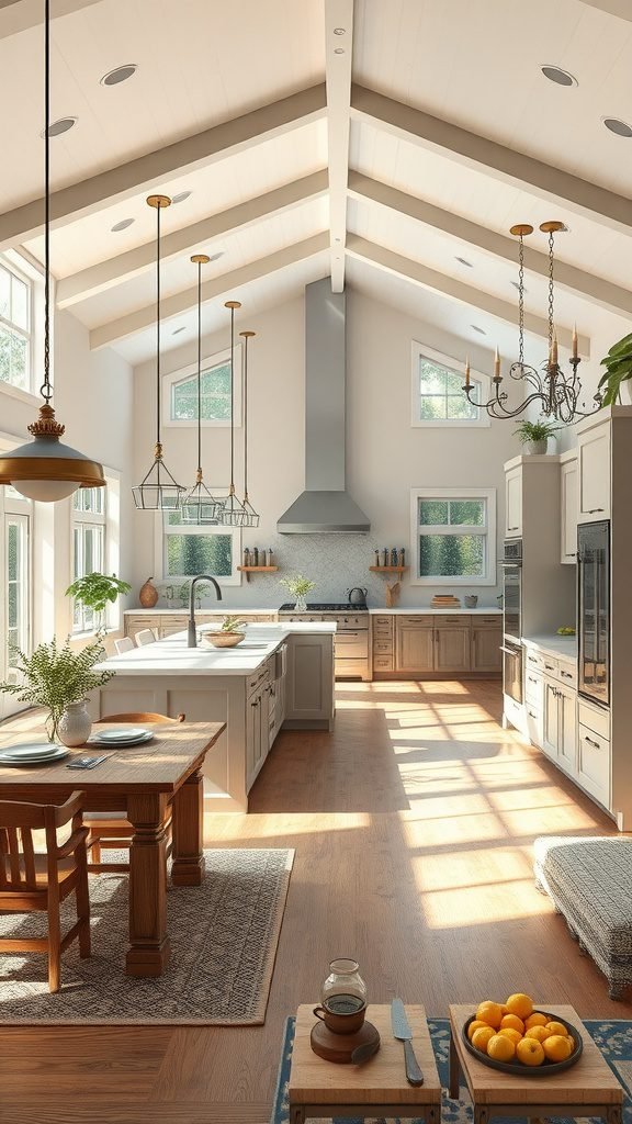 Bright open concept farmhouse kitchen with wooden accents and high ceilings