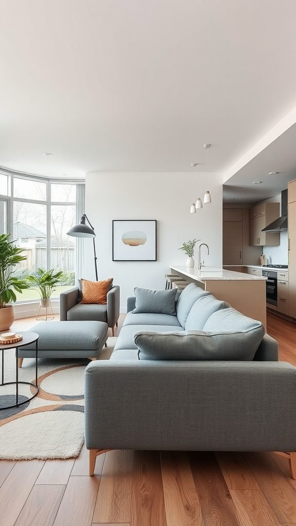 A stylish open concept living room featuring a grey couch, wooden floors, and large windows.