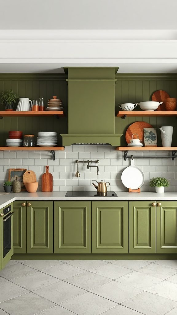 A kitchen featuring olive green cabinets with open shelving, showcasing colorful dishware and accessories.