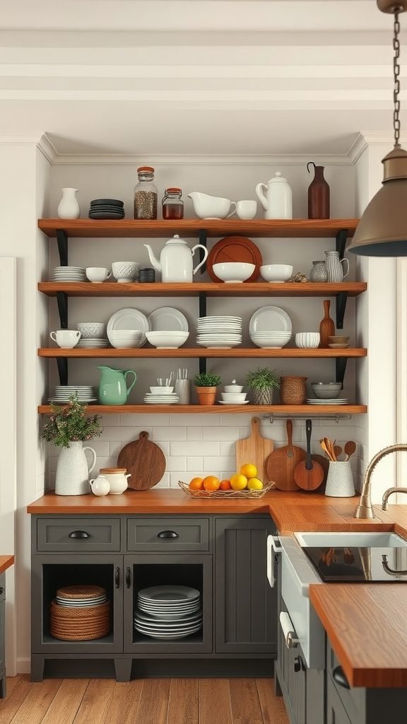 A cozy farmhouse kitchen with open shelving displaying dishware and decorative items.