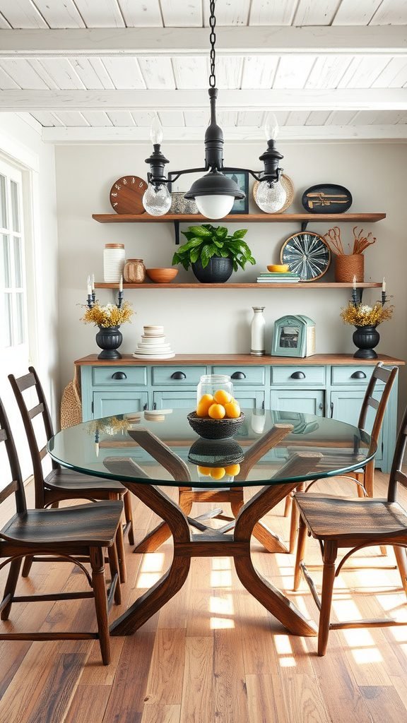 A cozy farmhouse dining area featuring an oval glass dining table with a wooden base, surrounded by wooden chairs.