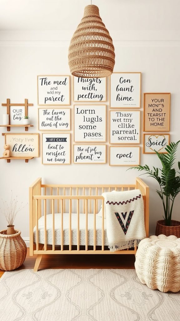 A cozy boho baby room featuring an inspirational parenting wall with framed quotes, a wooden crib, and natural elements.