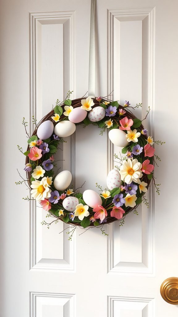 A pastel Easter egg wreath featuring colorful eggs and flowers, hanging on a white door. Spring Wreaths