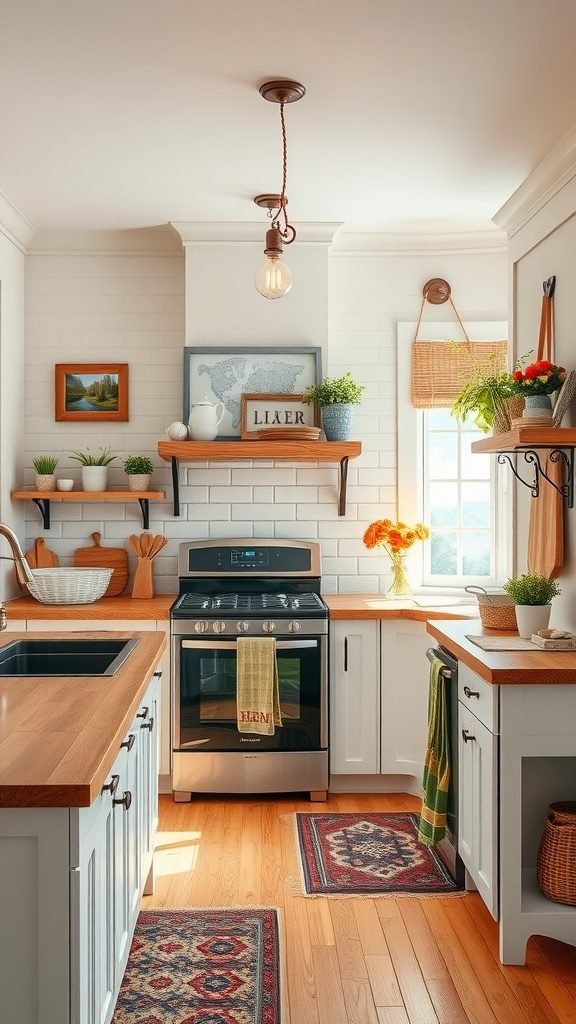 A cozy farmhouse kitchen with wooden shelves, plants, and warm decor.