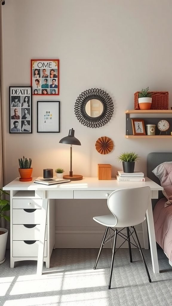 A stylish desk area in a bedroom featuring plants, artwork, and chic decor.