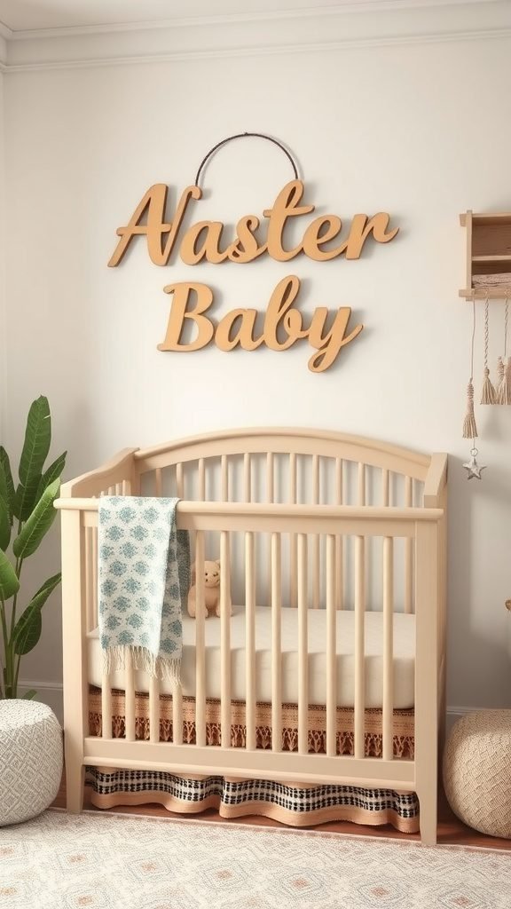 Wooden personalized name sign in a boho-themed nursery