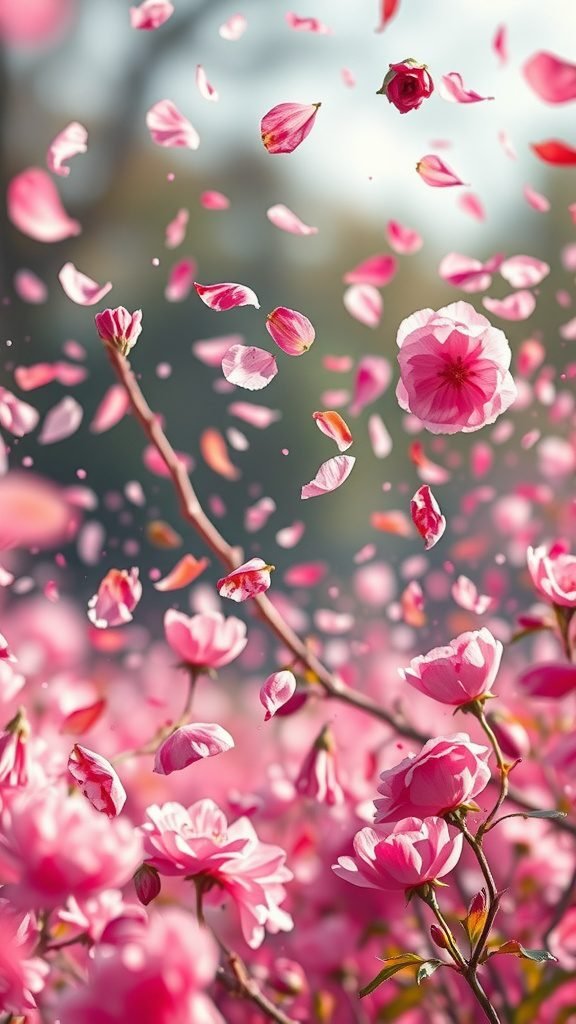 A vibrant scene of pink flower petals swirling in the air with blooming flowers in the foreground.