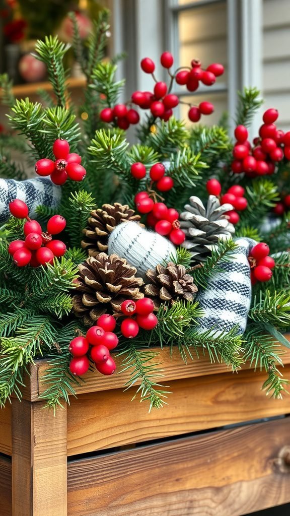 Winter planter featuring pinecones, red berries, and greenery