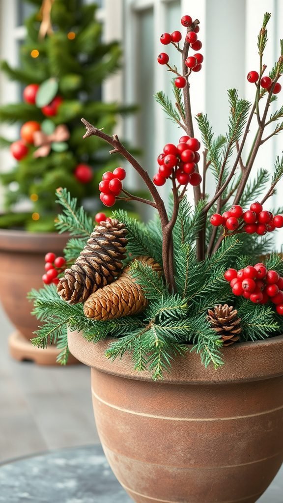 A beautiful arrangement of pinecones and red berries in a planter, surrounded by greenery, with a blurred Christmas tree in the background.