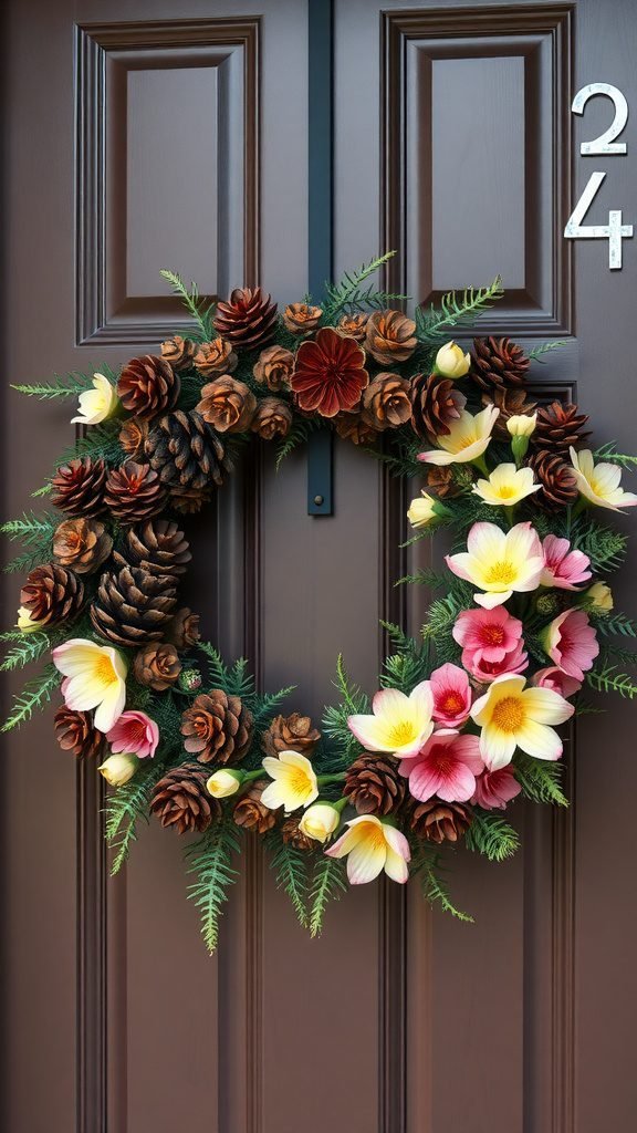 A decorative wreath made of pinecones and colorful flowers hanging on a brown front door.