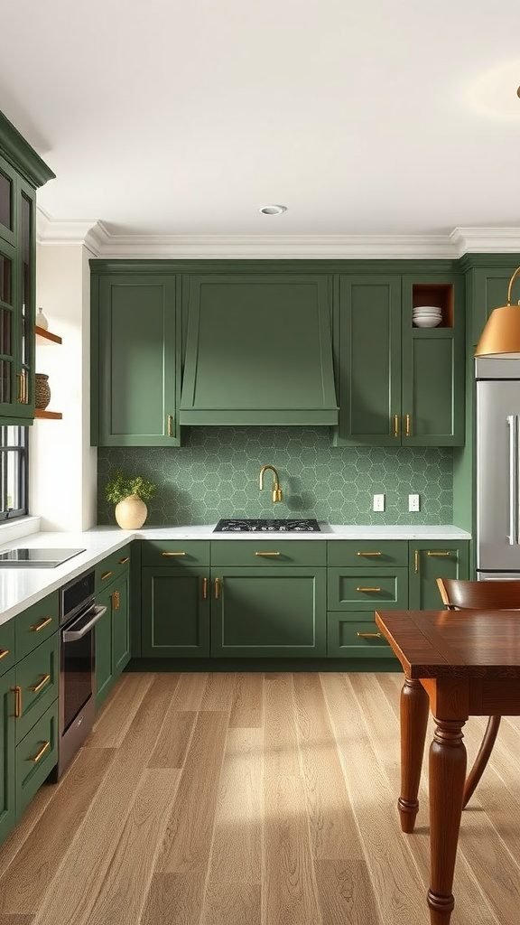 A modern kitchen featuring olive green cabinets with gold hardware, a white countertop, and wooden flooring.