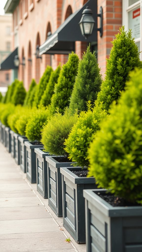Planter boxes filled with evergreen hedges lined along a pathway next to a brick building.