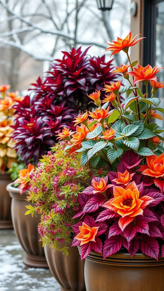 Brightly colored winter planters with orange flowers and purple leaves.