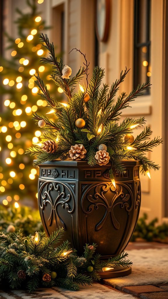 A decorative planter filled with evergreens, pinecones, and ornaments, illuminated with warm lights.