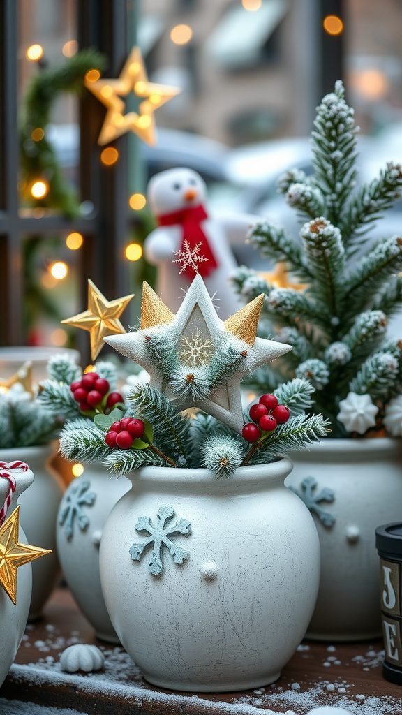 A display of winter planters featuring white pots with snowflake designs, pine branches, red berries, and festive stars.