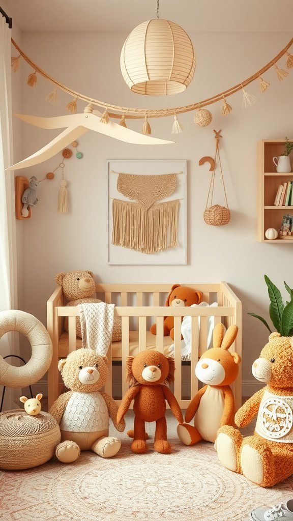 A cozy boho baby room featuring a crib, plush toys, and decorative elements.