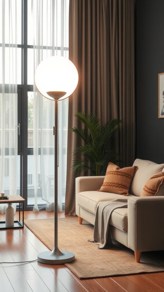 A modern floor lamp beside a cozy sofa in a bright living room