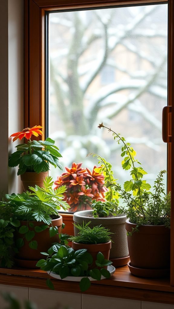 Indoor window sill with various potted herbs and a snowy landscape outside
