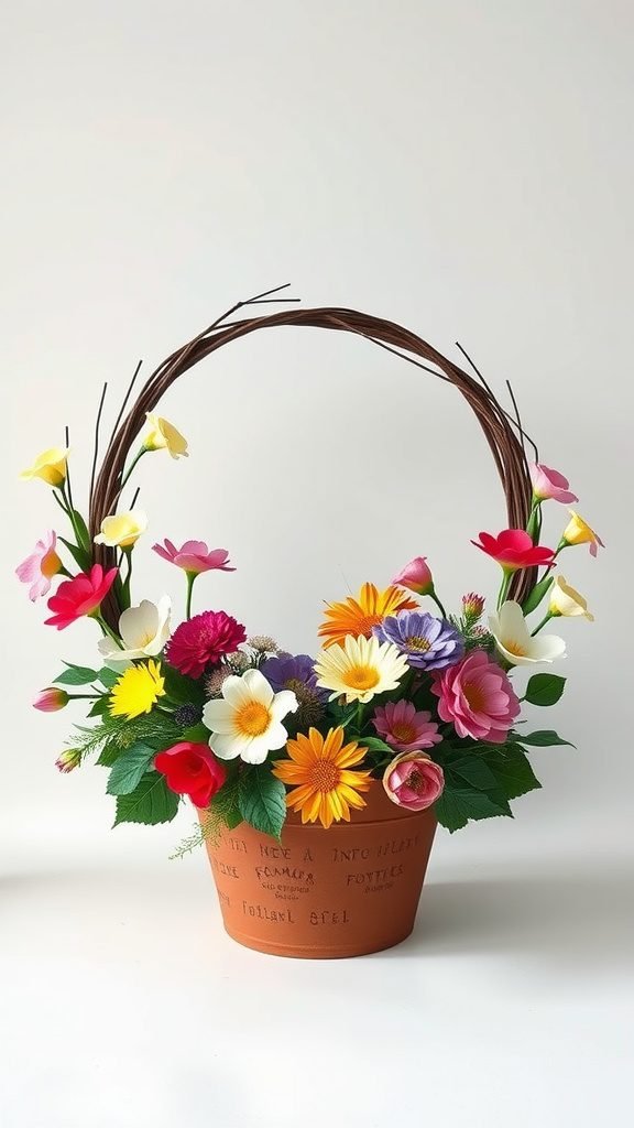 A potted spring flowers wreath featuring colorful artificial flowers in a terracotta pot.