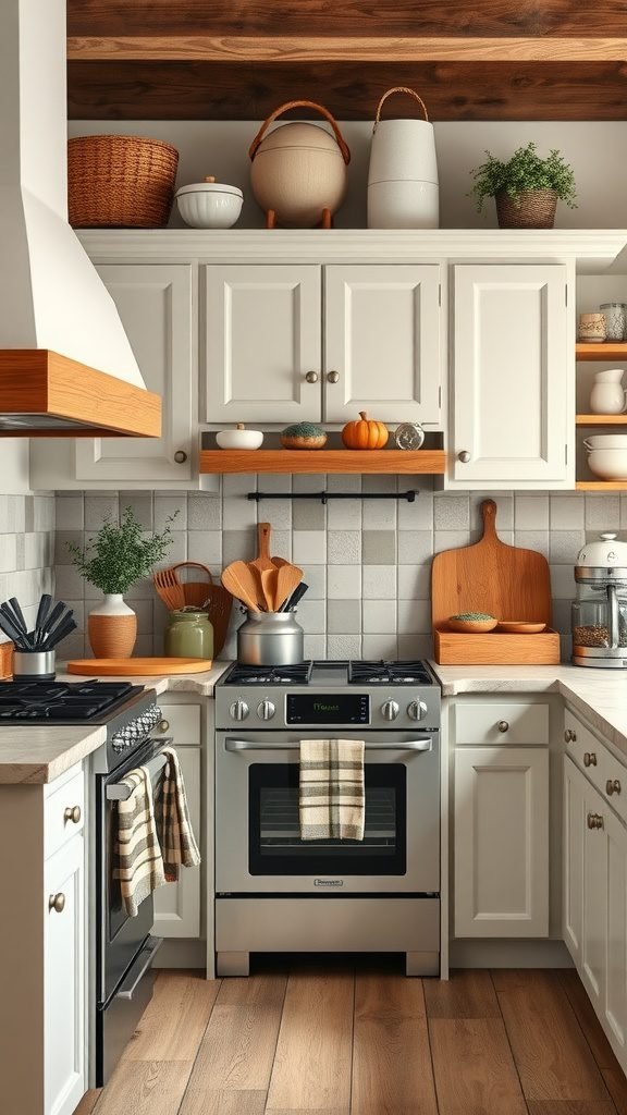 A cozy farmhouse kitchen featuring white cabinets, a stainless steel stove, wooden accents, and stylish kitchenware.