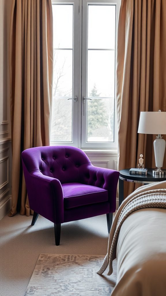 A purple accent chair in a bedroom with beige curtains and a small side table.