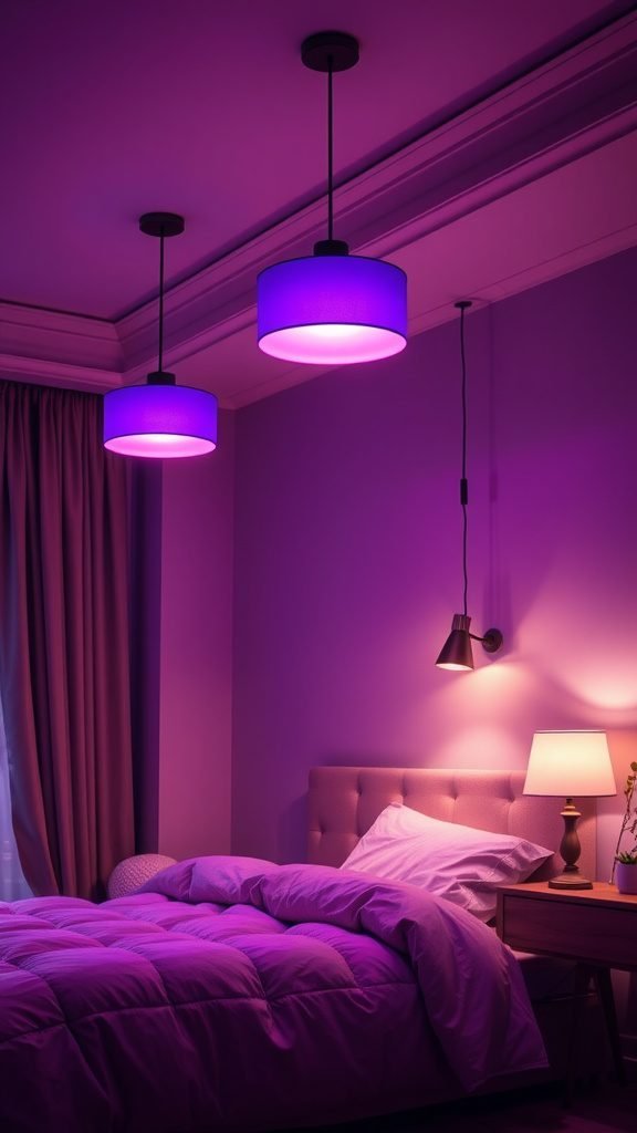A cozy bedroom with purple accent lighting fixtures, featuring pendant lights and a bedside lamp.
