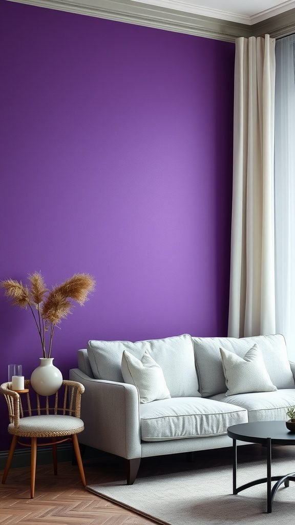 A cozy bedroom featuring a violet accent wall and soft furnishings.