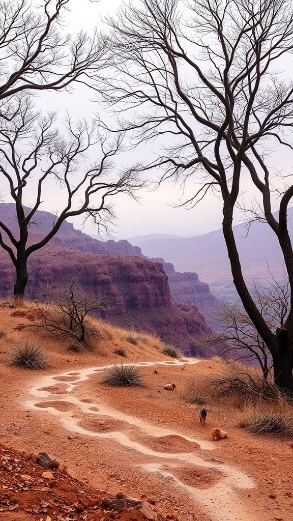 A landscape with a winding path, dry trees, and earthy tones.