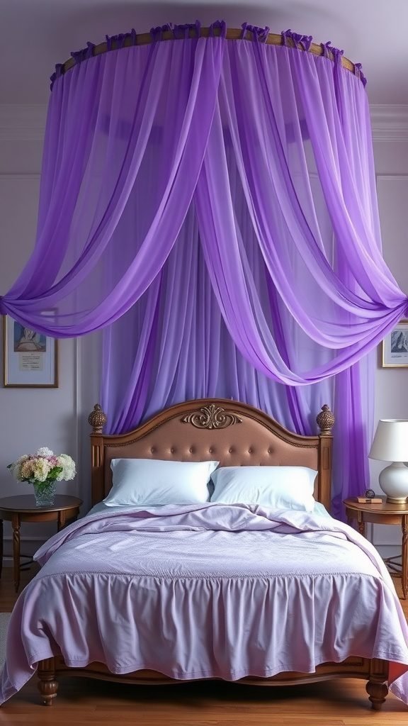 A beautifully draped purple bed canopy over a cozy bed with light-colored bedding and wooden furniture in a serene bedroom.
