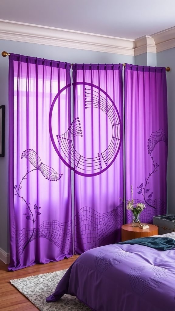 Sheer purple curtains with a delicate pattern in a cozy bedroom setting.