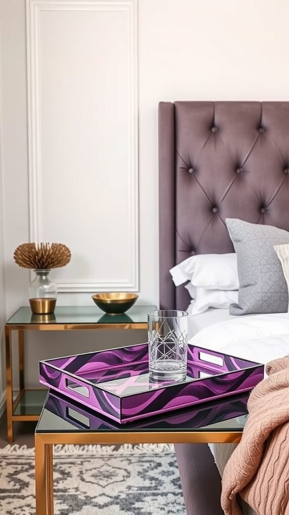 A stylish purple decorative tray on a table next to a bed in a bedroom setting.
