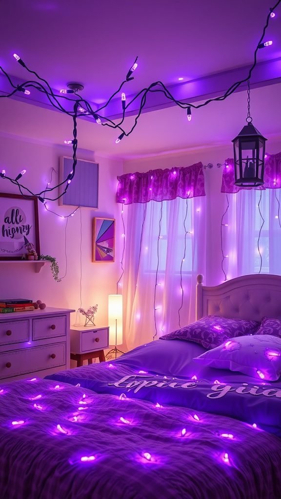 A cozy bedroom with purple fairy lights, showcasing a bed with purple bedding and stylish decor.