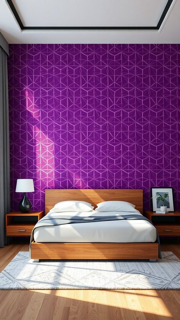 A bedroom with a purple geometric patterned wall, wooden bed frame, and minimalist decor.