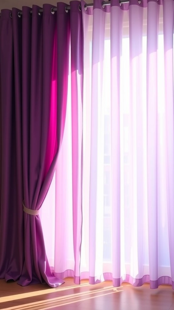 Purple ombre curtains hanging by a window, showcasing a gradient from dark to light purple.