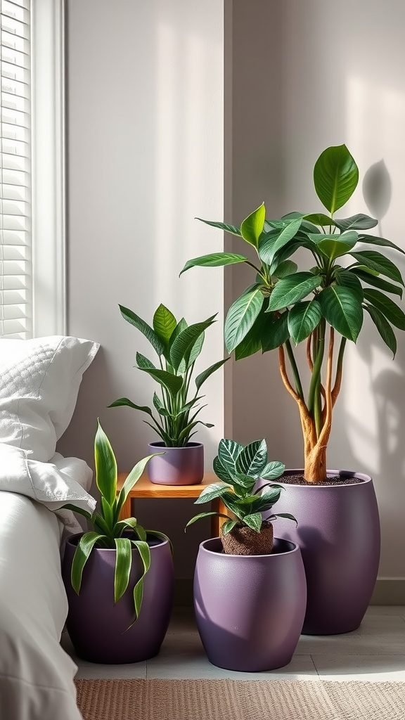 A cozy bedroom corner featuring various purple plant pots with different green plants, enhancing the earthy theme.
