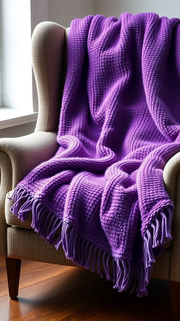 Cozy purple throw blanket draped over an armchair in a bright room