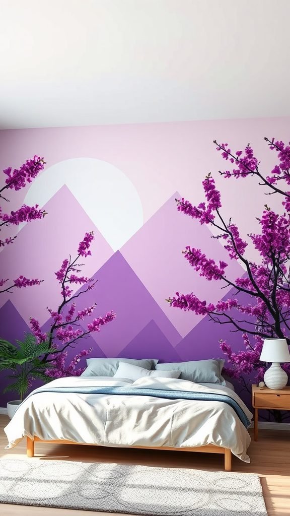 A cozy bedroom with a purple wall mural featuring flowers and mountains, a bed with light bedding, and natural light