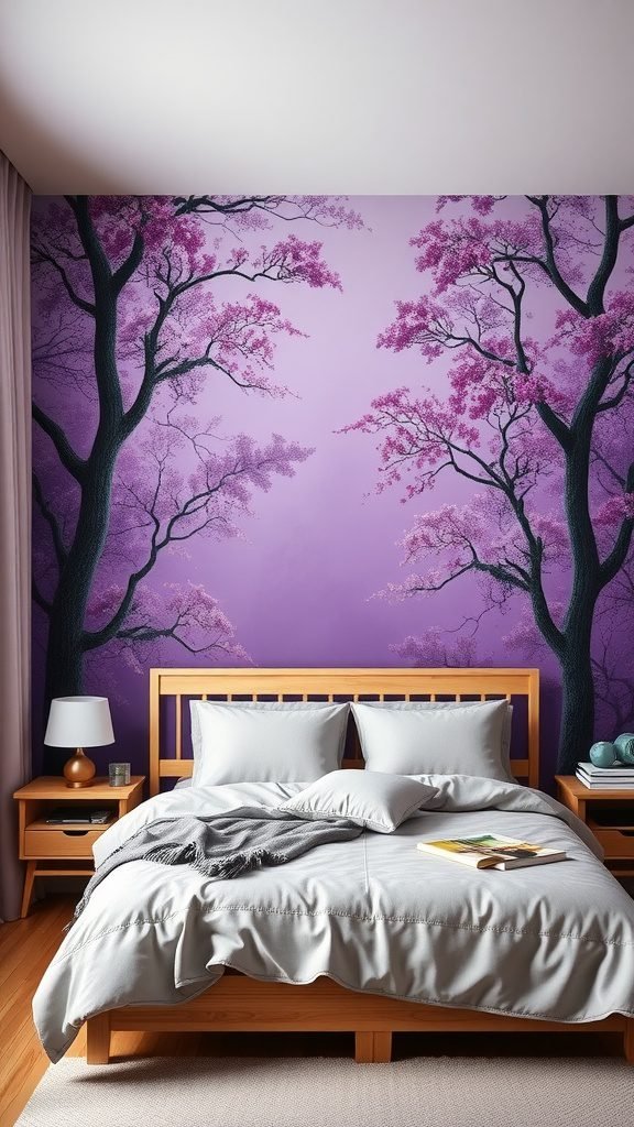 Purple wallpaper with nature motifs featuring trees and blossoms in a bedroom setting