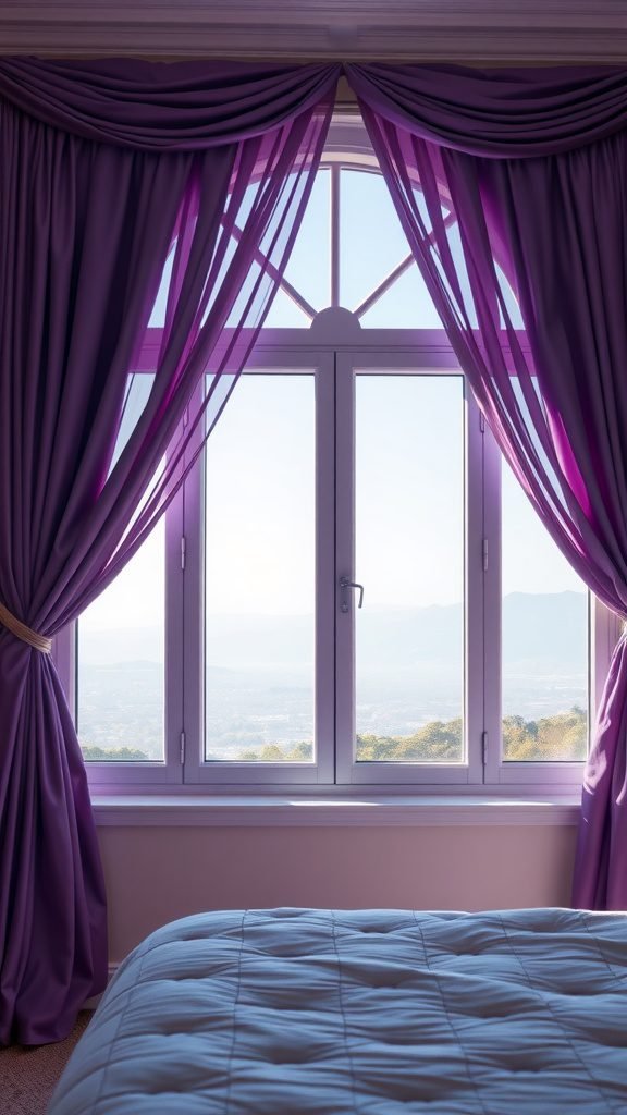 A cozy bedroom with purple window treatments and a light blue bedspread, overlooking a scenic view.