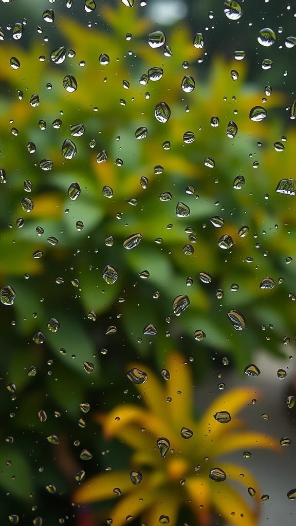 Close-up of raindrops on a window with green leaves and yellow flowers in the background.