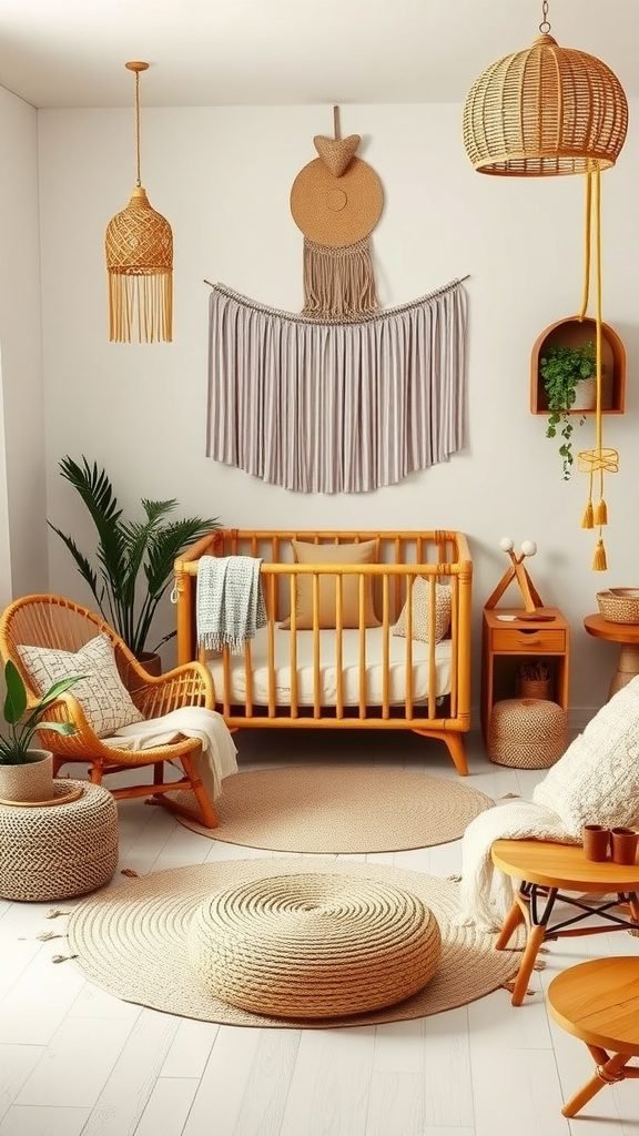 A beautifully styled boho baby room featuring rattan furniture, including a crib, chair, and decorative poufs in warm tones.